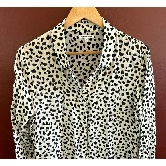 Reformation Black White Animal Print Ocelot Violet Blouse Medium Long Sleeve EUC - Picture 2 of 6